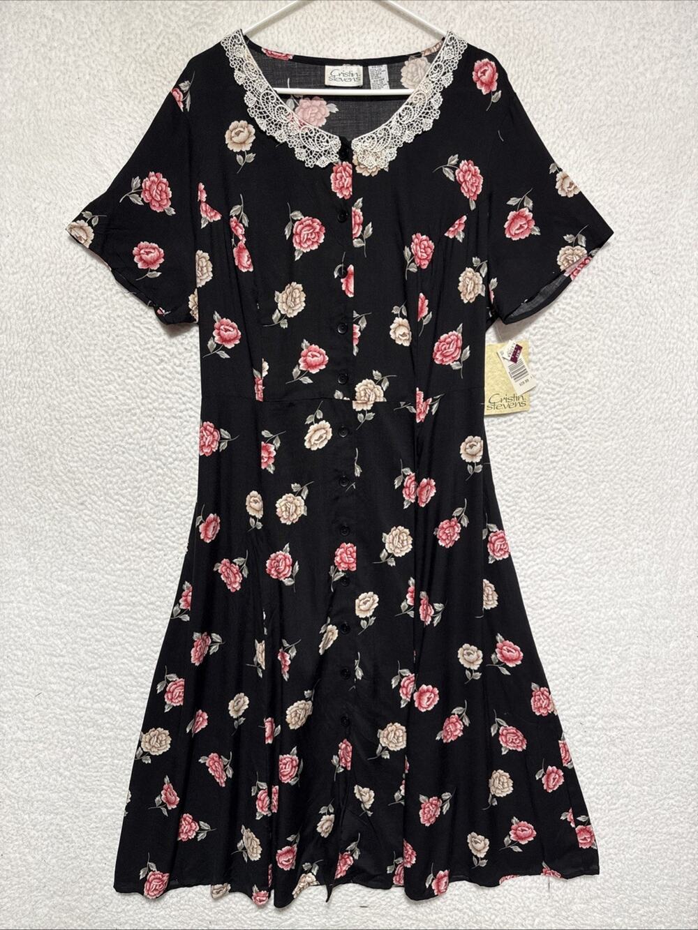 VTG 80’s Cristin Stevens Black Floral Button-Front Midi Dress Size 22W NWT